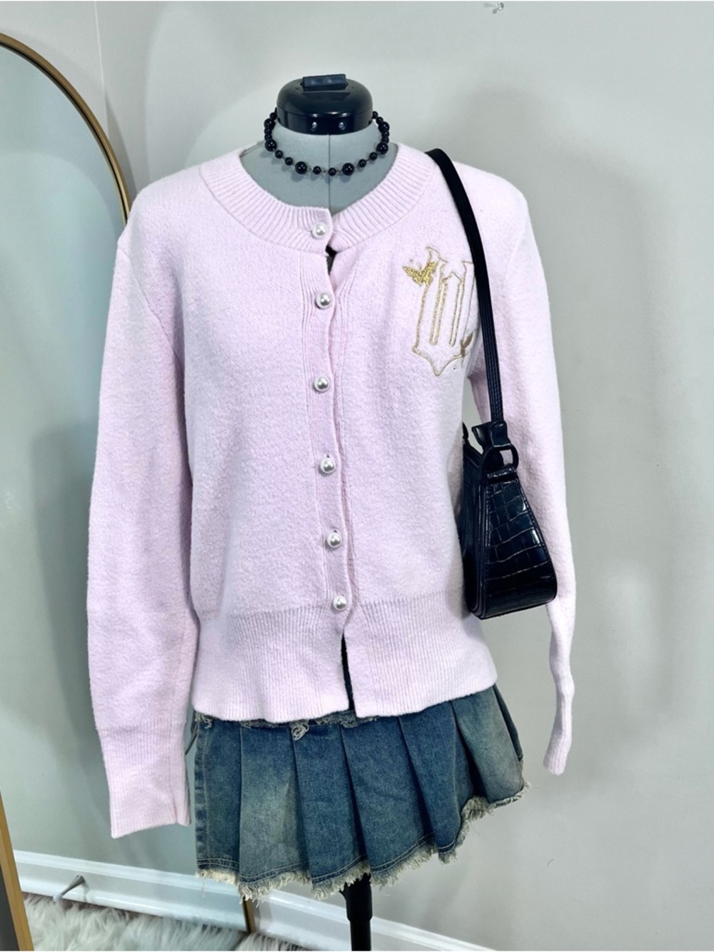 Wicked Embroidered Light Pink Cardigan Sweater With Pearl Button-Front Detail